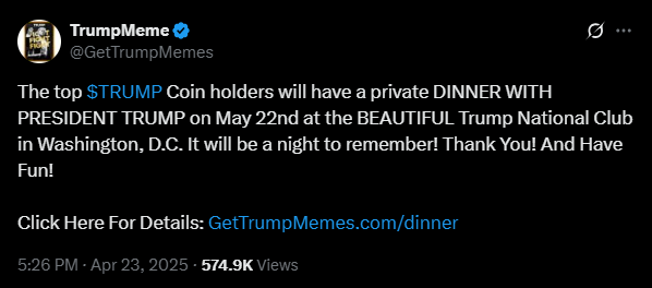 Invitation to dinner with Trump | Source: Twitter