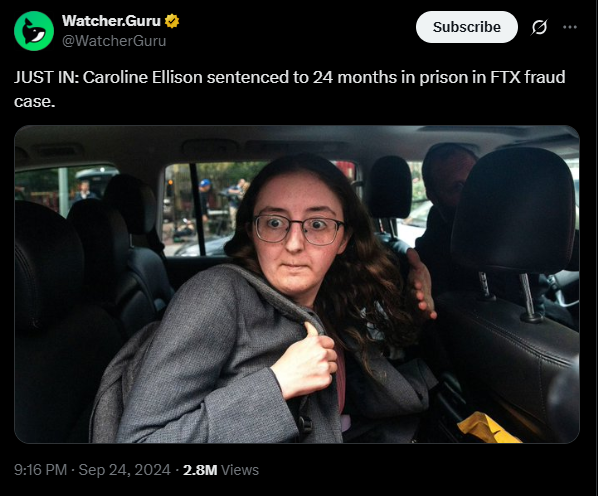 1 year sentence for Caroline Ellison | Source: Twitter