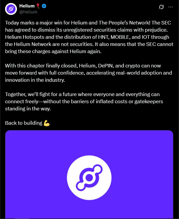 Dismissal of the case against Helium | Source: Twitter
