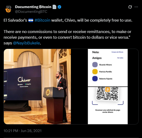 Major Bitcoin friendliness in El Salvador | Source: Twitter
