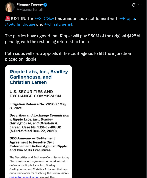 Announced settlement with Ripple SEC | Source: Twitter